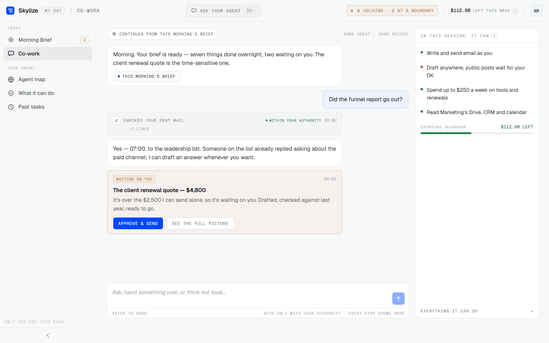 My Day co-work thread: the agent answers in the moment, shows the boundary check it ran, and holds the over-ceiling quote inline for approval.